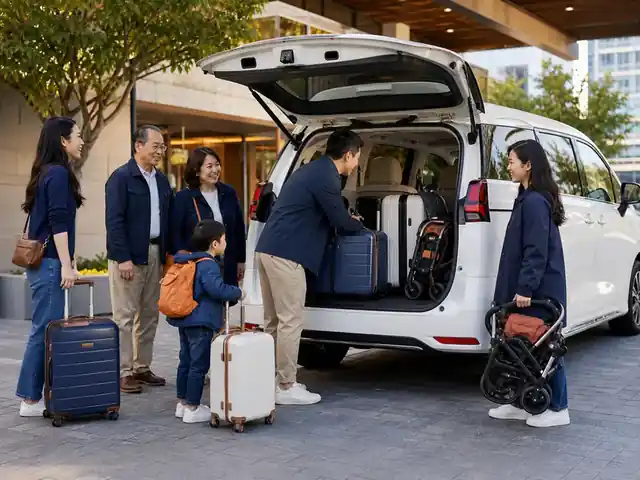 Family group loading a minivan