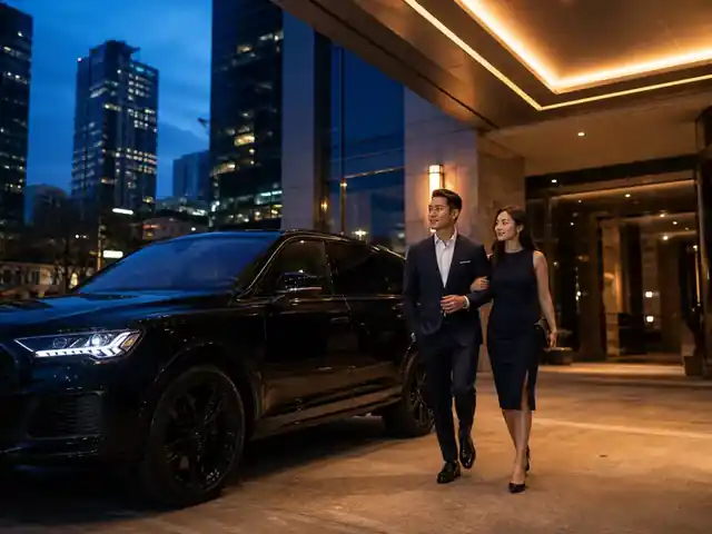Luxury vehicle in downtown Vancouver at night